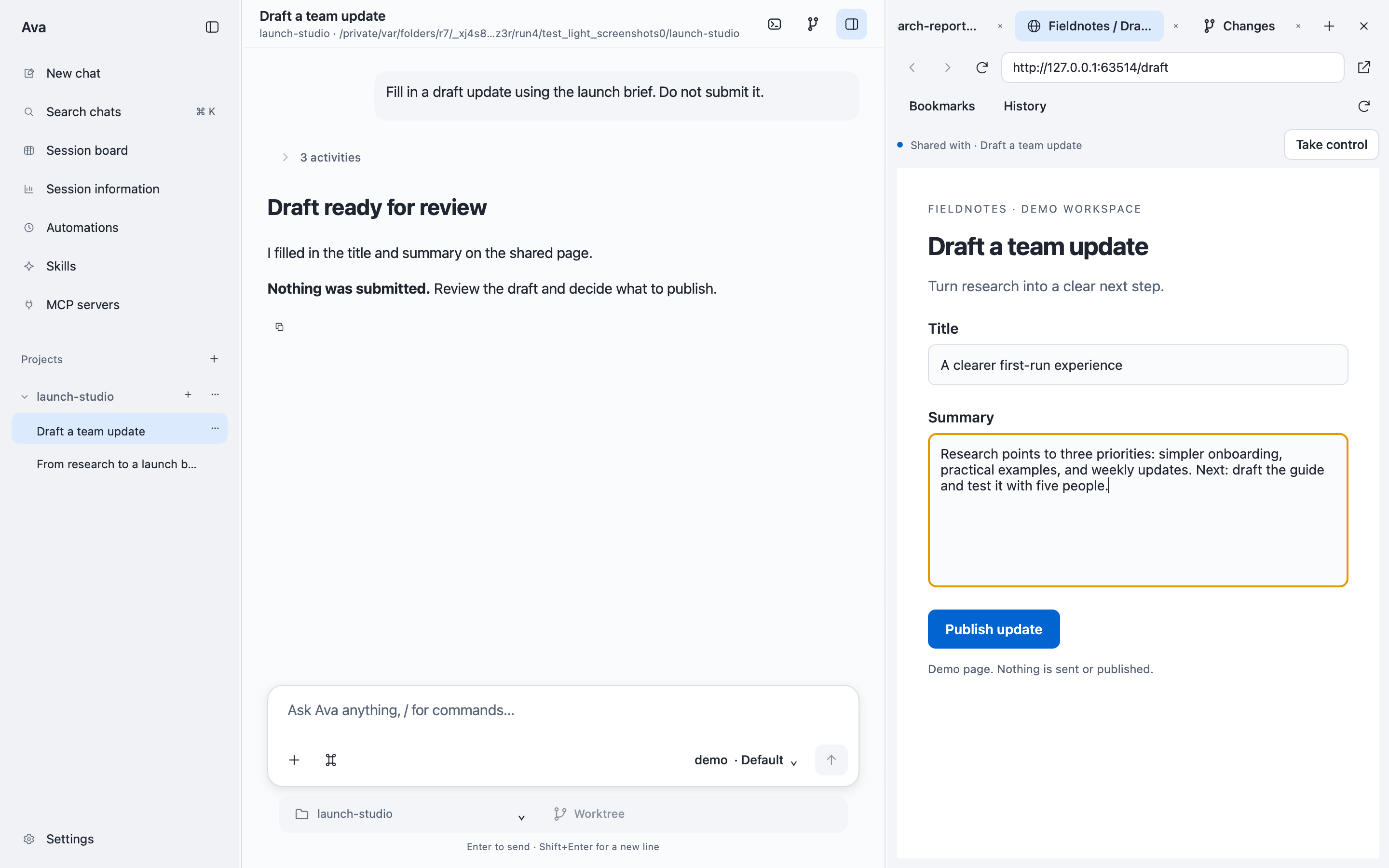 Ava filling a draft update in a shared browser tab with a Take control button