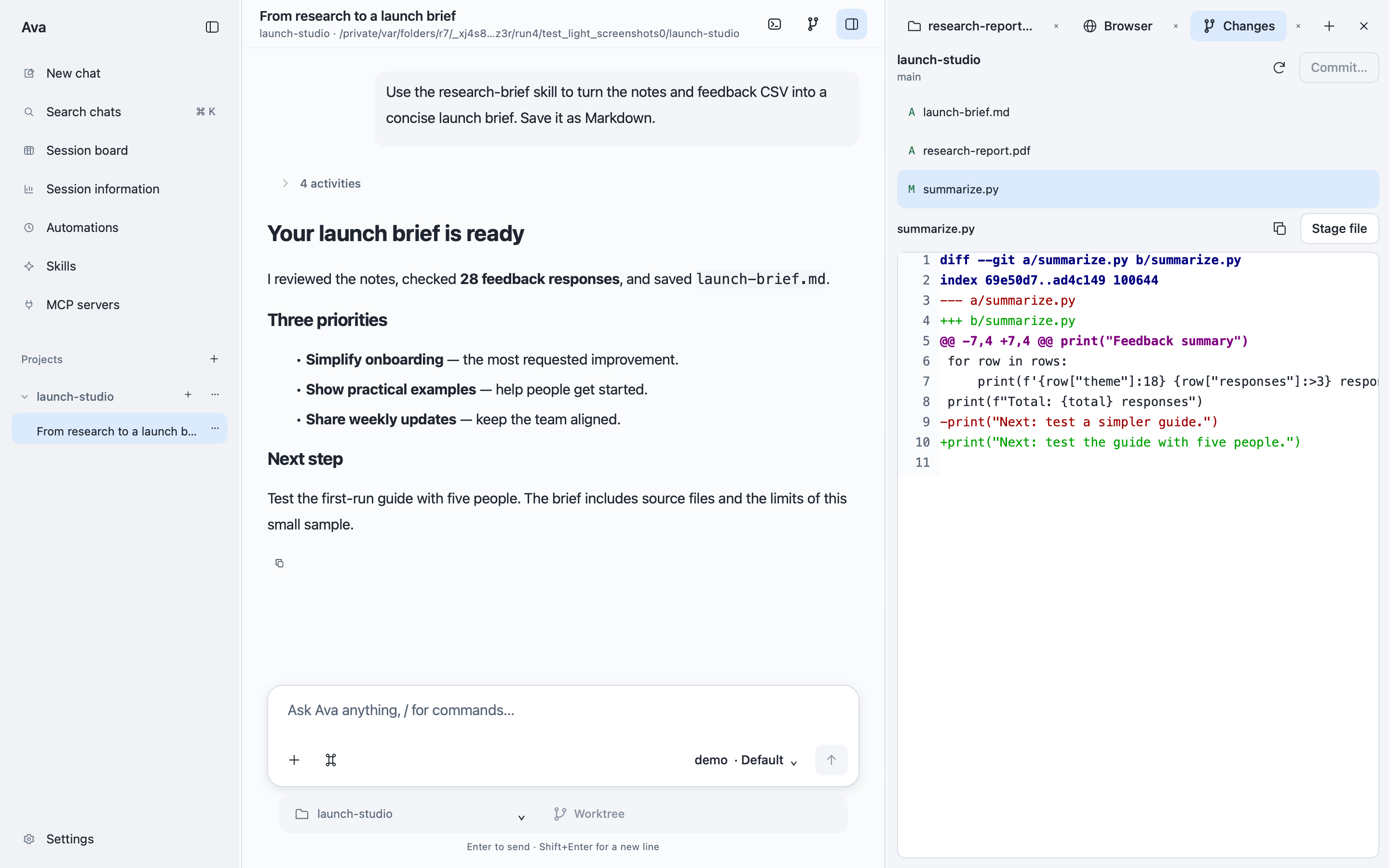 Ava Changes view showing a Python diff with staging and commit controls