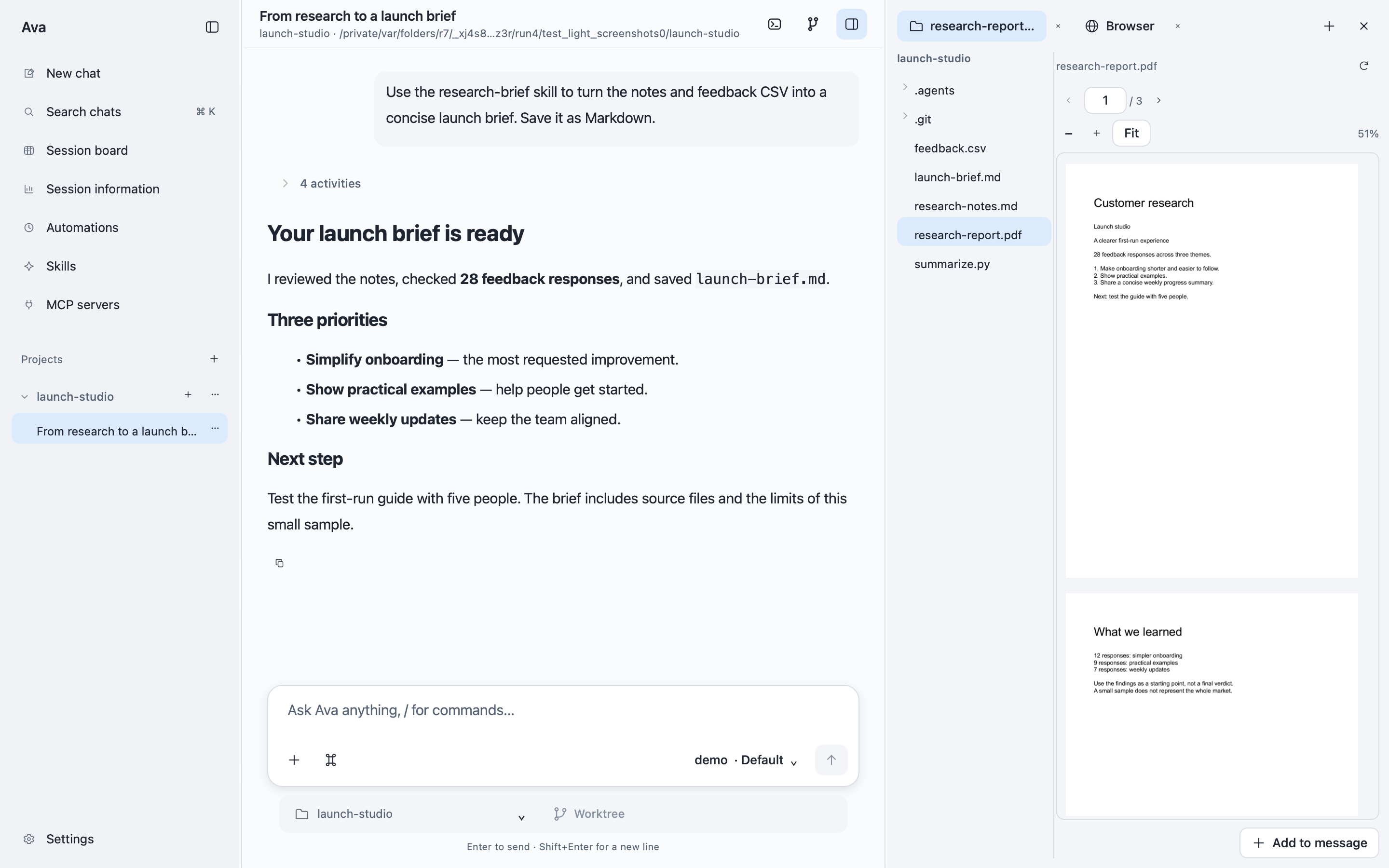 A multi-page research PDF open beside an Ava conversation