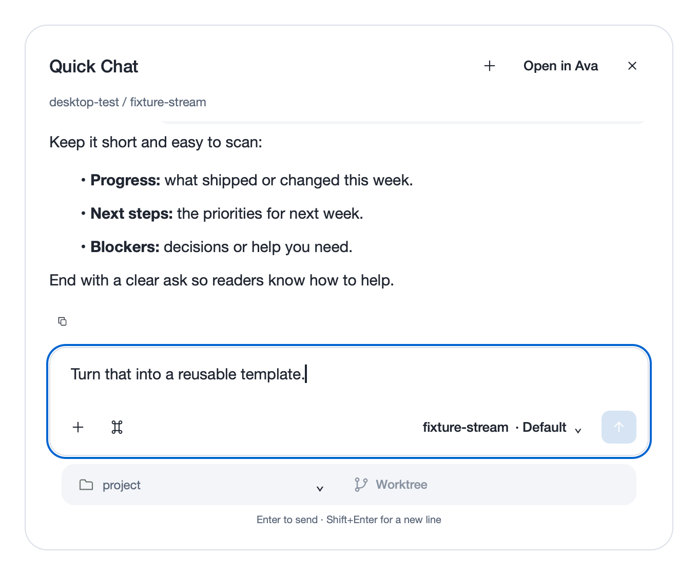 Ava Quick Chat showing a weekly project update and an Open in Ava button