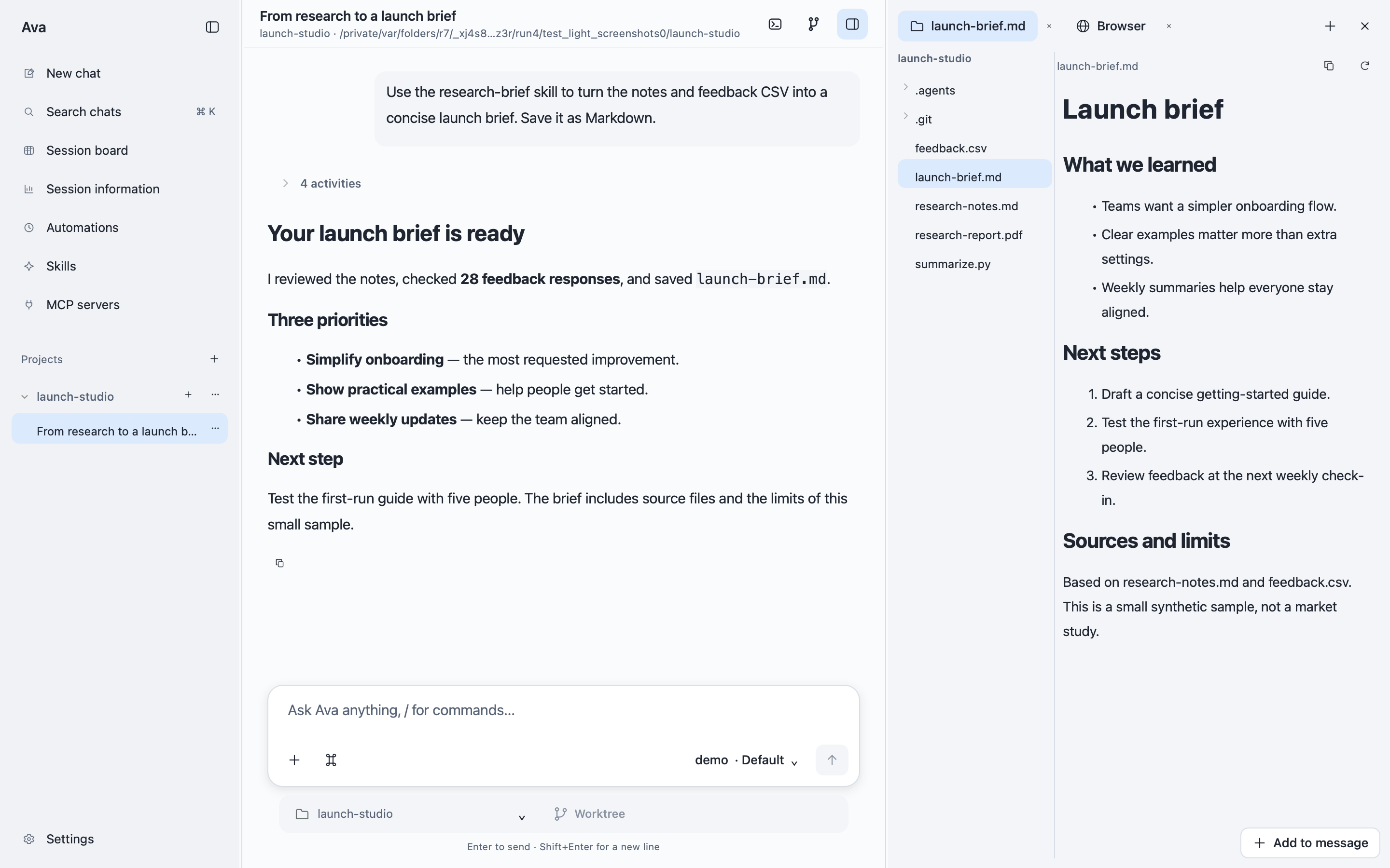 Ava desktop with a research conversation, project files, and a generated Markdown brief side by side