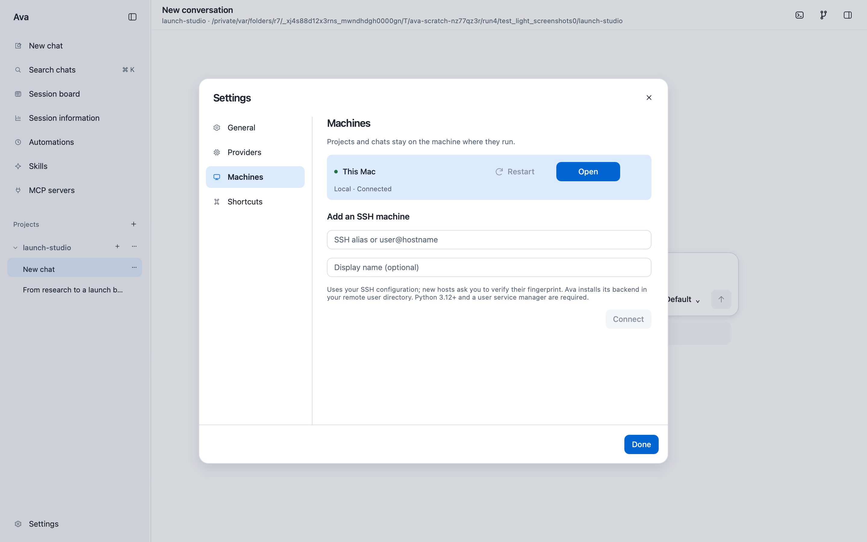 Ava Machines settings showing the connected local Mac and a form for adding an SSH machine