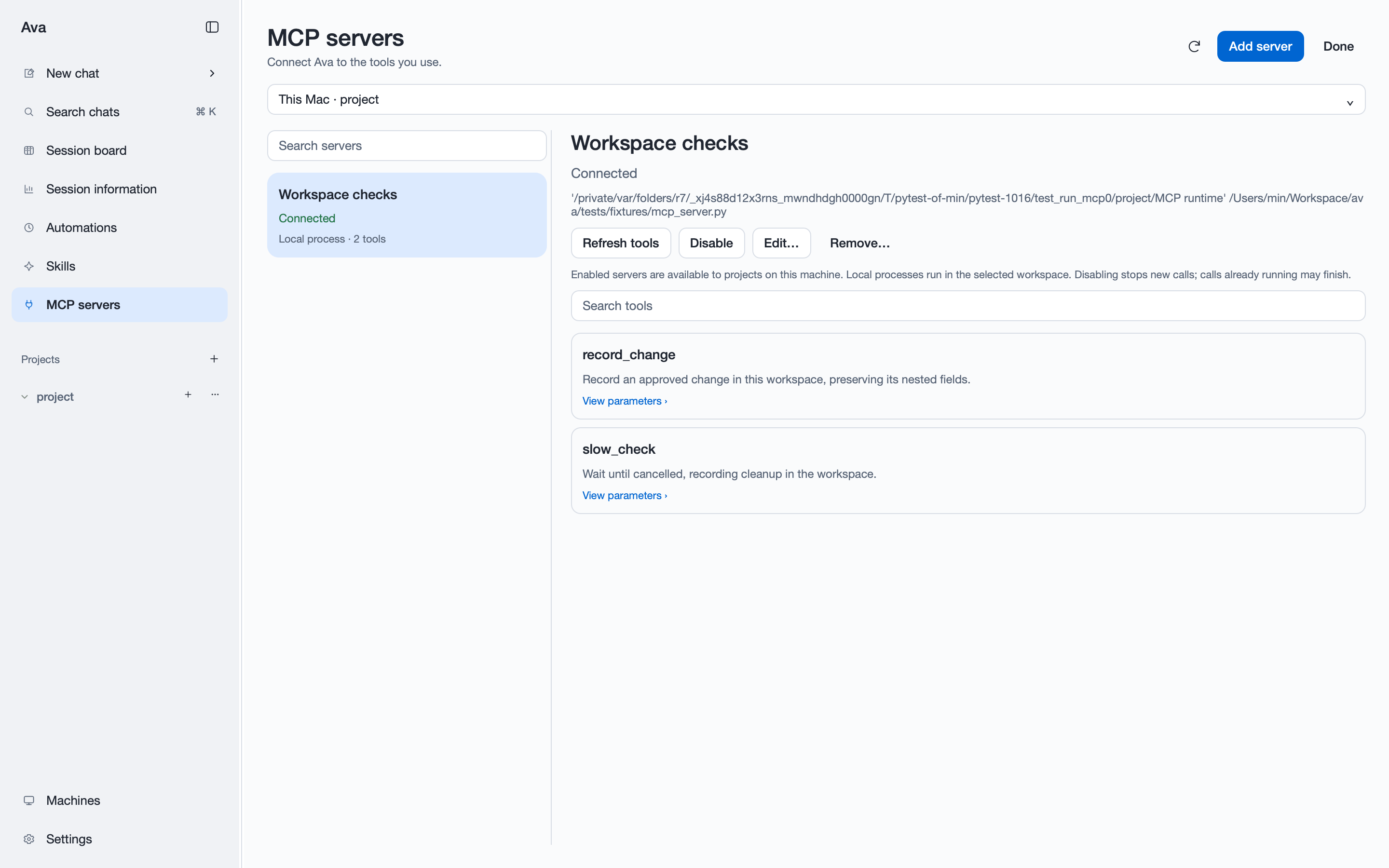 Ava MCP settings showing a connected test server and its available tools