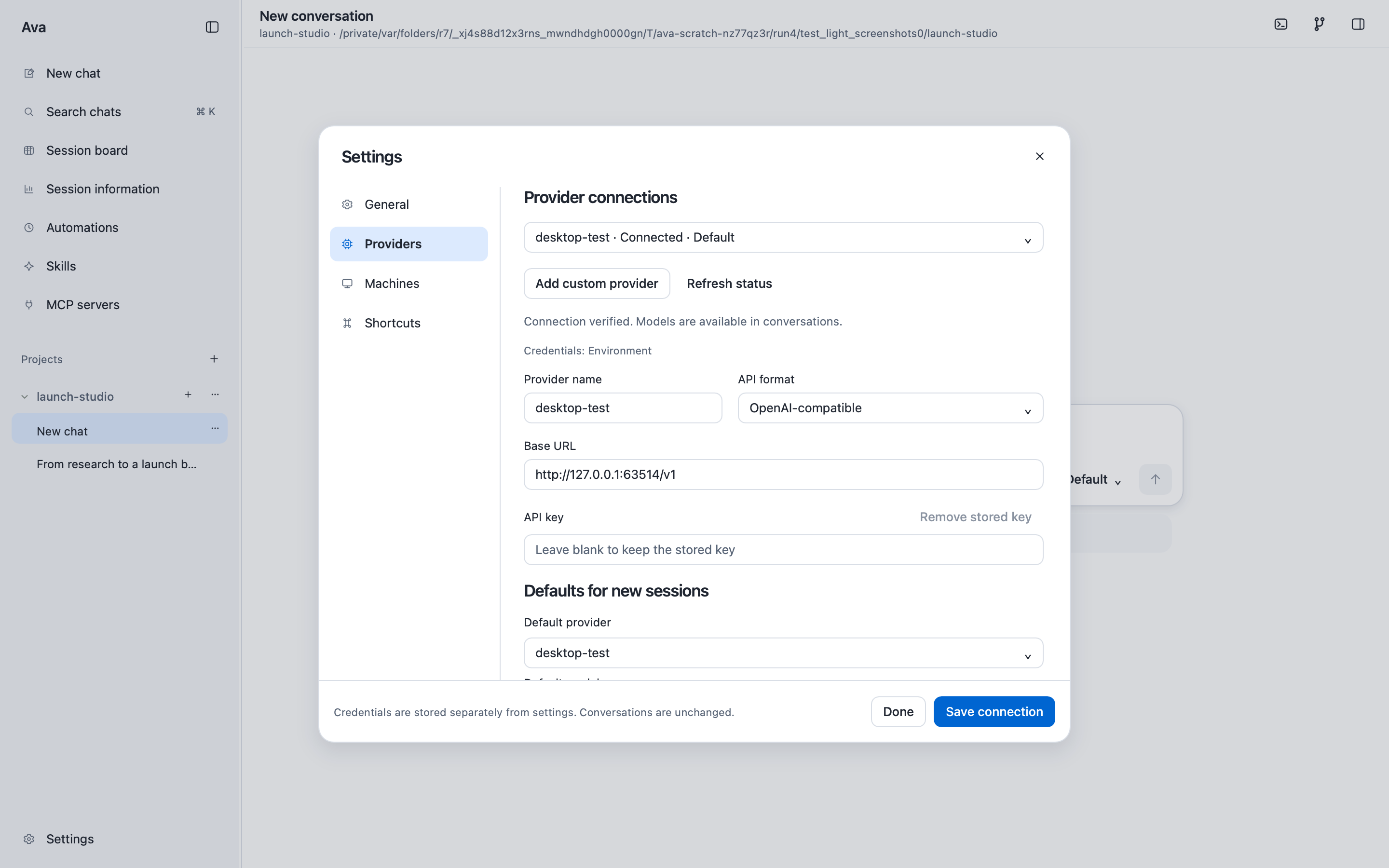 Ava provider settings with a verified local demo endpoint and credential controls