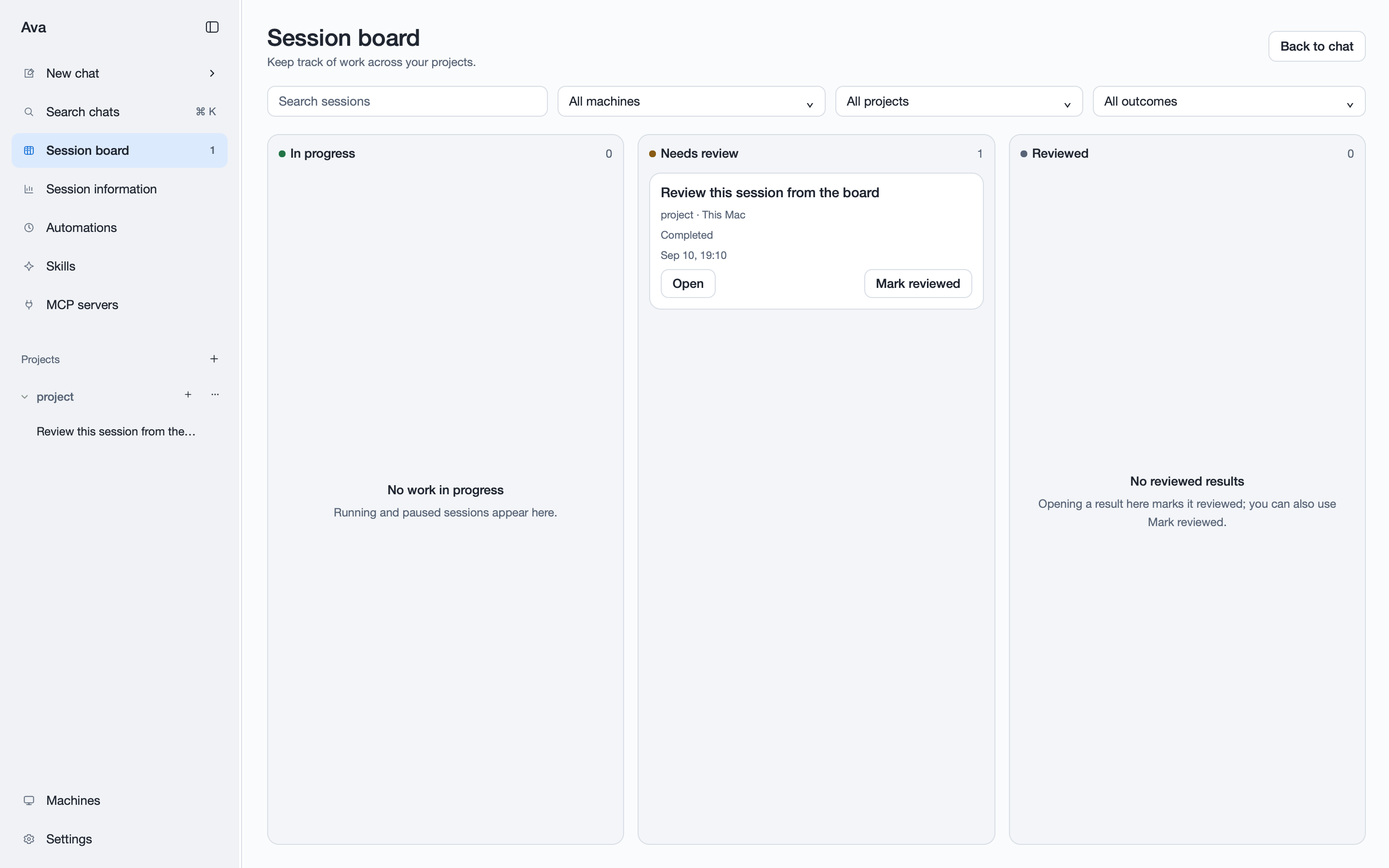 Ava session board organizing conversations into In progress, Needs review, and Reviewed columns