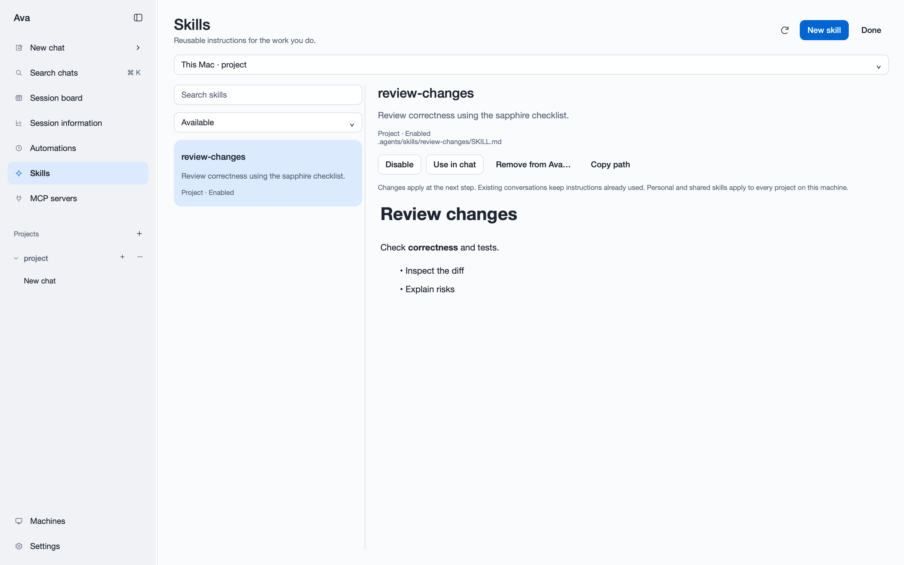 Ava Skills view with reusable project instructions and enable controls