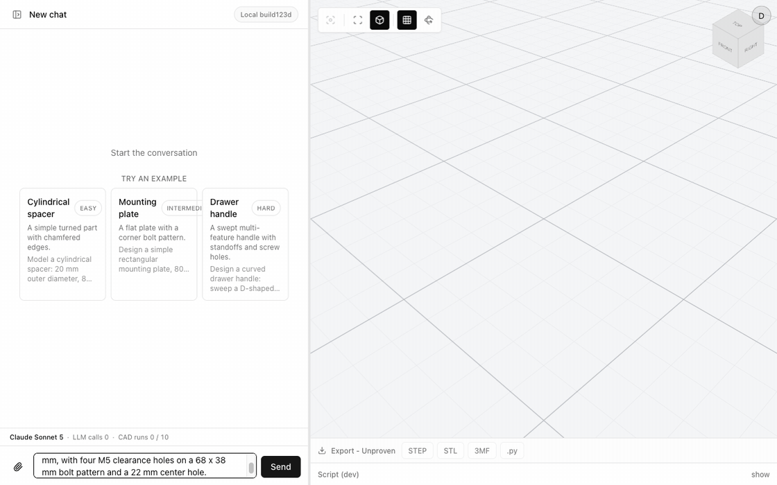 Chamfer turning a mounting-plate prompt into verified parametric CAD